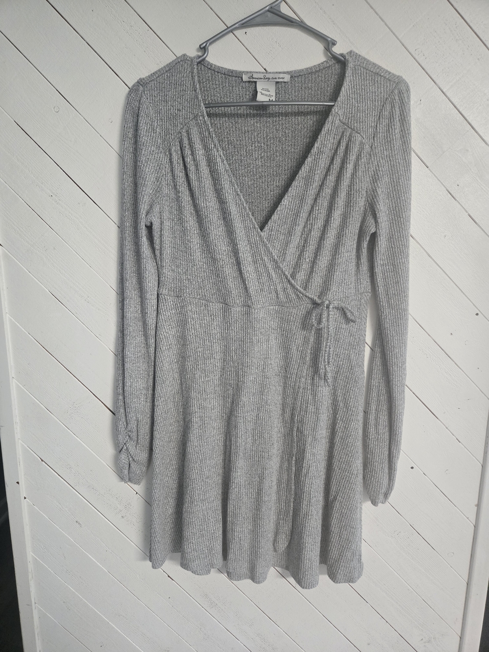 American Rag Gray Ribbed Faux Wrap Long Sleeve  Dress